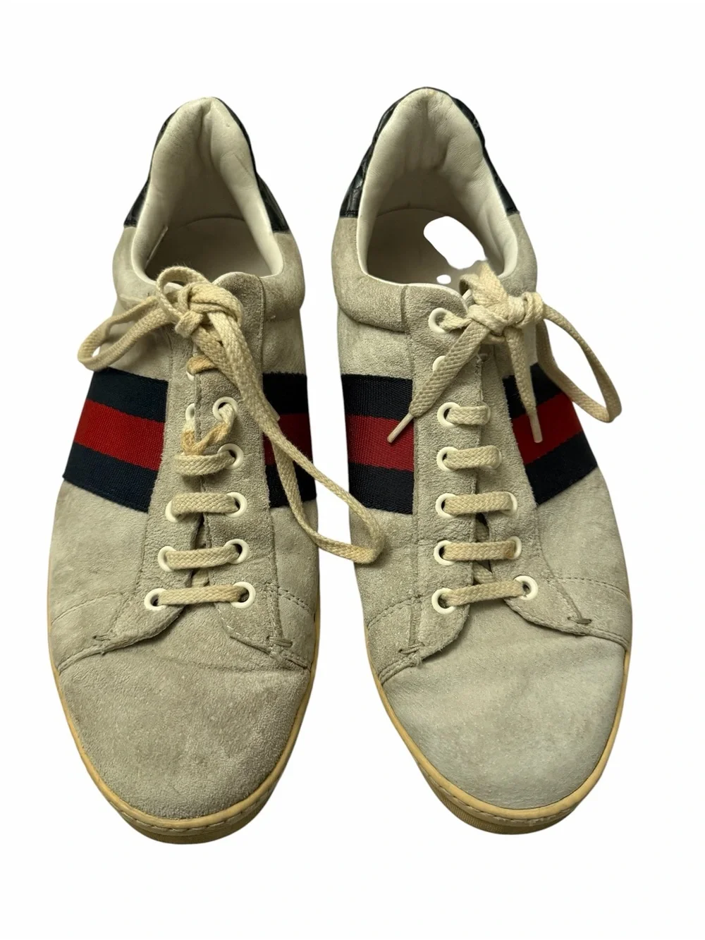 Gucci Beige Suede Sneakers with Red & Navy Web Stripe,pre-owned,SZ 8